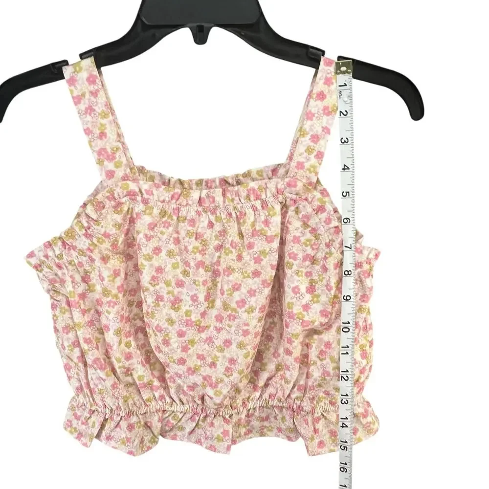Hayden Crop Balloon Tank Top Girl L Pink Textured Ditsy Floral Cottage Tween NEW